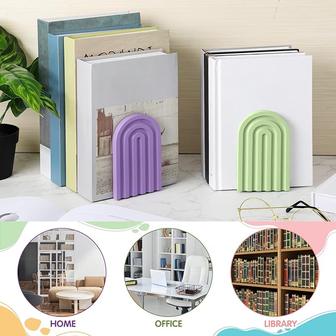 Harloon 4 Pieces Boho Arch Wood Bookends Rainbow Arch Back to School Gift Ideas Non Skid Bookend Decorative Wooden Book Stand Book Stoppers for Books Movies CDs(Pastel Color)