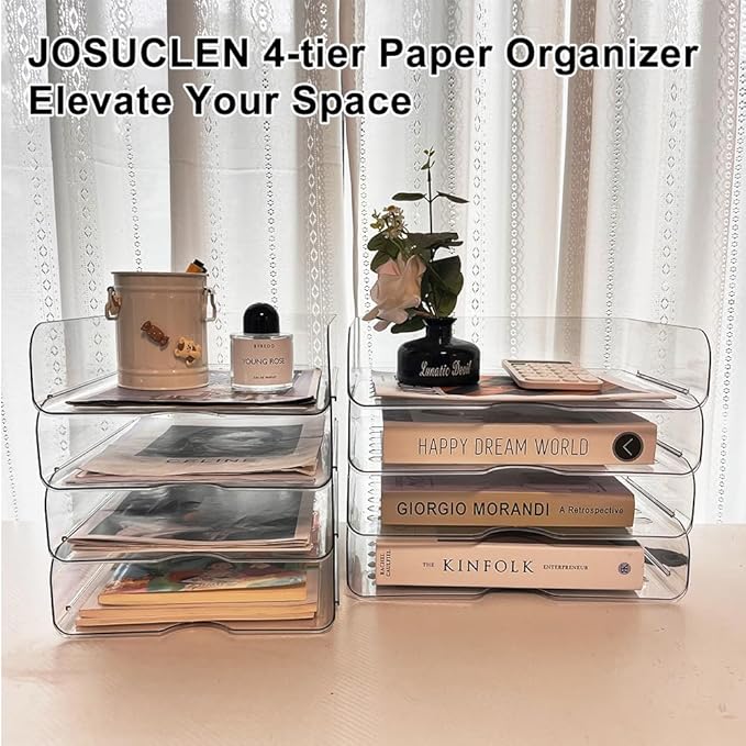 JOSUCLEN Paper Organizer, Acrylic Desk Organizer and Storage Office, Set of 4 File Organizer for Desk, Stackable Paper Tray
