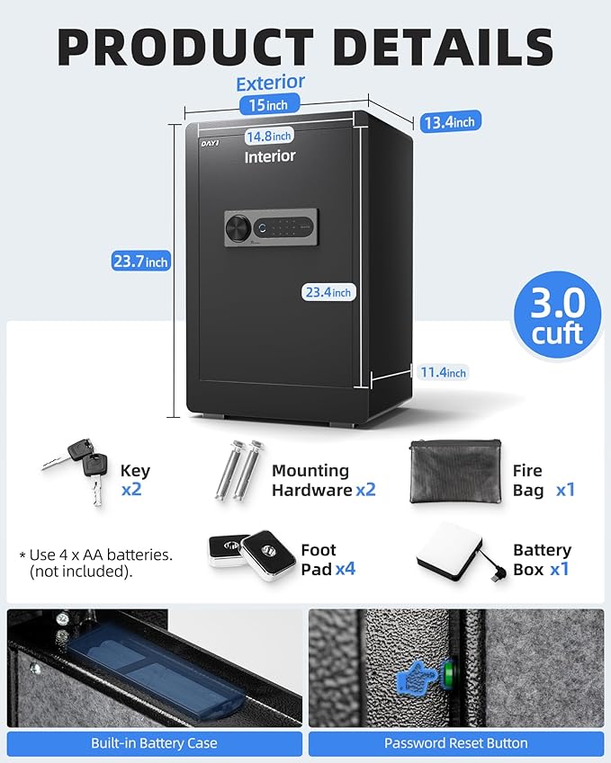 DAYI Biometric Fingerprint Safe Box, 3.0 Cubic Feet Home Safes with Fireproof Bag, Digital Touchpad Security Safe for Money Cash Documents, Dual Alarm System - DF-60 Plus
