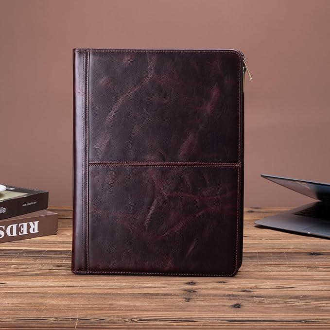 Genuine Leather Portfolio with 3 Ring Binder, Full Grain Leather Padfolio Zippered, A4 Notebook Holder Laptop Sleeve Professional Folder Organizer Gift for Men and Women, Dark Brown, Oil Tanned