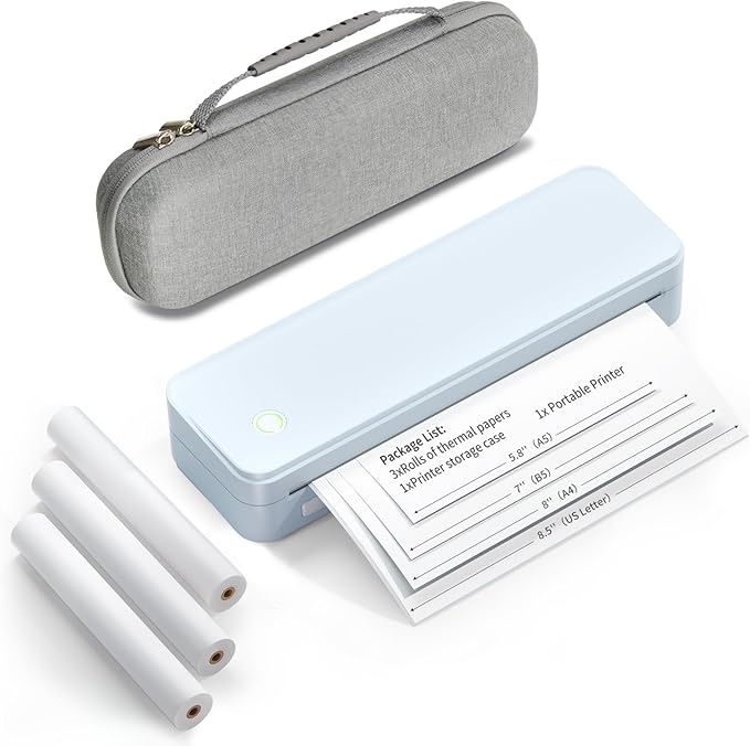Inkless Portable Printer for Travel, Wireless Thermal Printer Supports 8.5" x 11" US Letter Size, Bluetooth Machine Includes Carry Case and 3 Rolls of Thermal Paper Kit, Blue