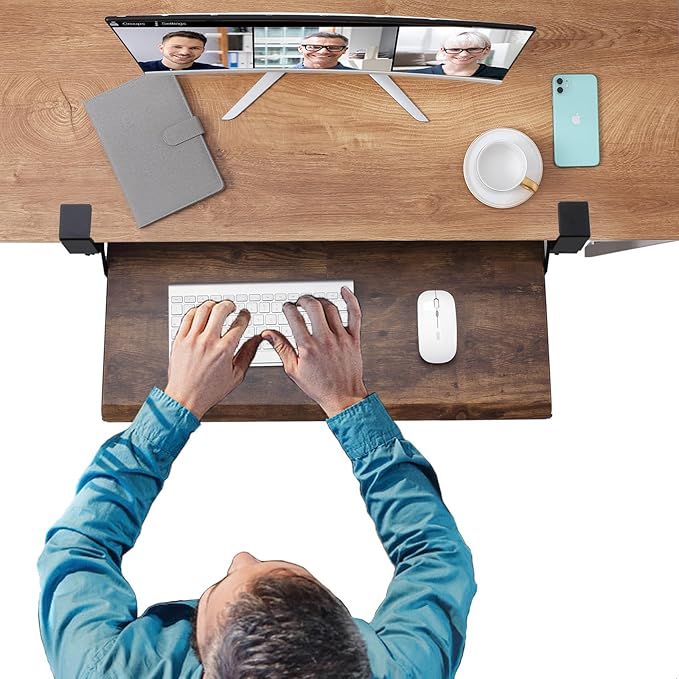 ETHU Keyboard Tray Under Desk, 26.77" X 11.81" Large Size Keyboard Tray with C Clamp-on Mount Easy to Install, Computer Keyboard Stand, Ergonomic Keyboard Tray for Home and Office (Wood)