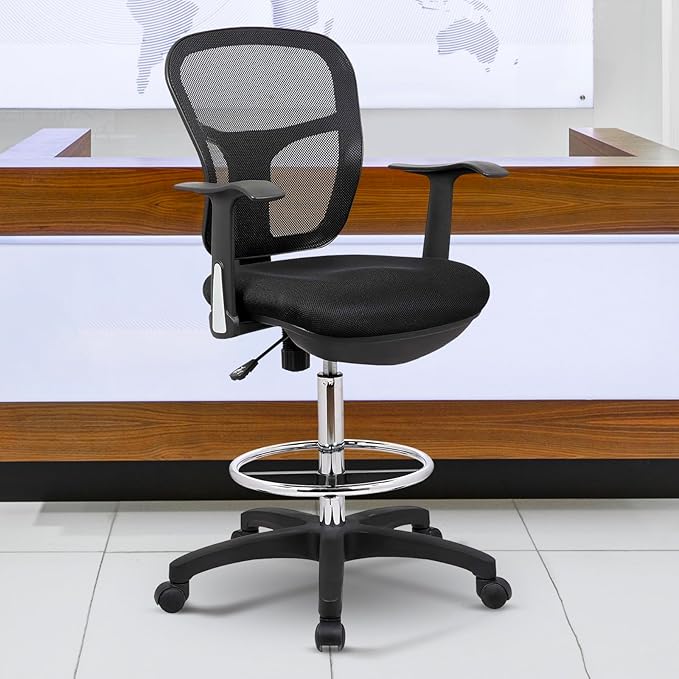 OfficeFactor Drafting Chair Tall Office Chair with Arms Executive Ergonomic Standing Desk Chair with Anti Scratch Wheels and Footrest