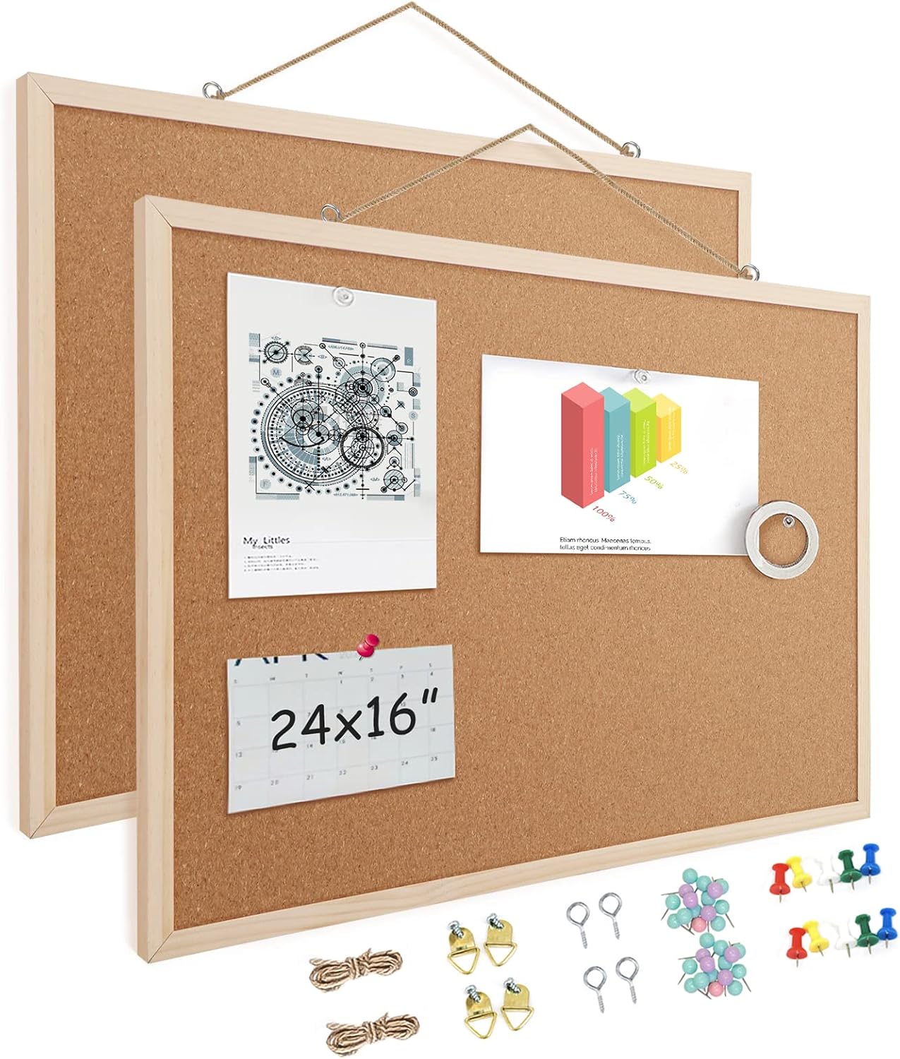 2 Pack 16” x 24” Cork Boards for Walls with Wooden Frame, Double Sided Office Board for Wall Organizer, Bulletins Board Decorative Hanging Pin Board for School, Home & Office, Memo Board