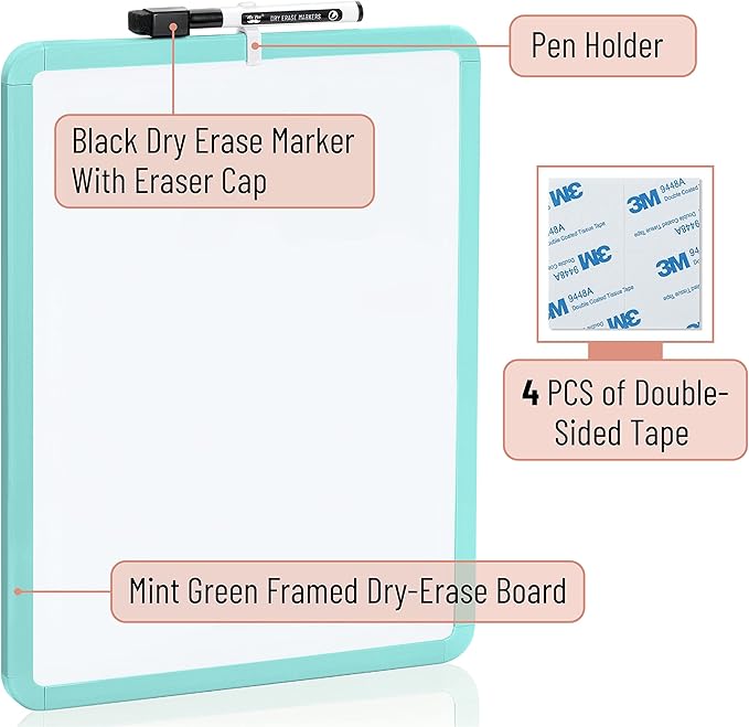 Mr. Pen- Dry Erase Board, 14” x 11” with a Black Dry Erase Marker, Mint Green Frame, Small White Board Dry Erase, Dry Erase Board Small Dry Erase Board, Small Whiteboard