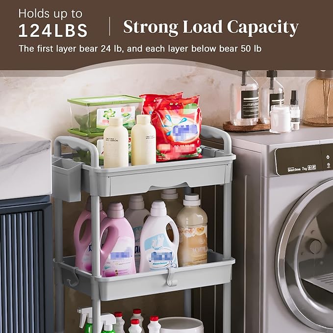 Rolling Utility Cart with Drawer 3 Tier, Utility Storage Organizer with Plastic Shelf & Lockable Wheels Multifunctional Storage Cart for Kitchen, Bathroom, Office, Living Room, Gray