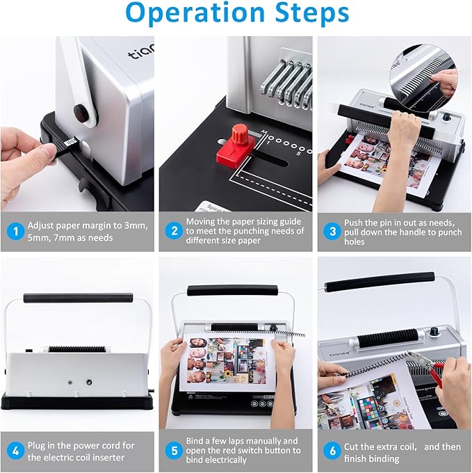 TIANSE Spiral Coil Binding Machine, Manual Book Maker Punch Binder with Electric Coil Inserter, Comes with 100pcs 5/16" Plastic Coil Binding Spines & Plier for Letter Size, A4, A5 or Smaller Sizes