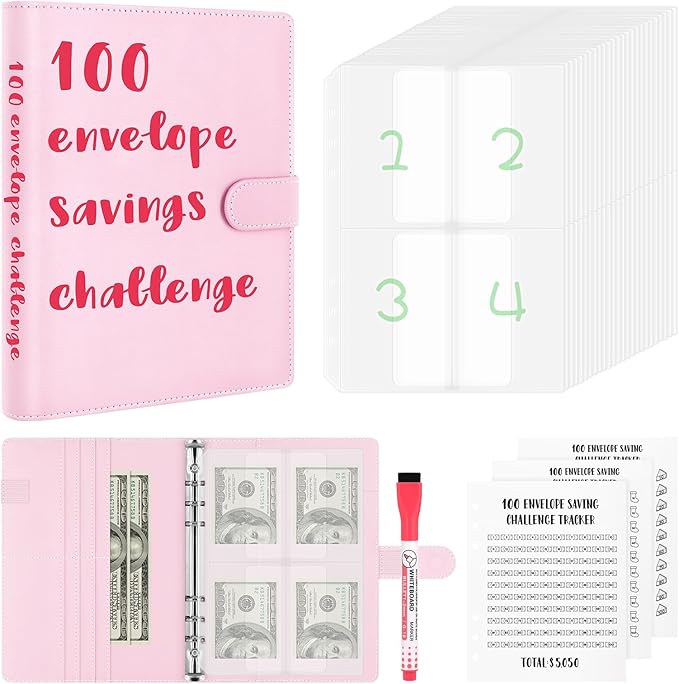 100 Envelopes Challenge Binder, A5 Money Saving Budget Binder with Upgraded Cash Envelopes & Pen, Budget Savings Challenge Book to Save $5,050, 3 Reusable Laminated Saving Challenge Tracker Included