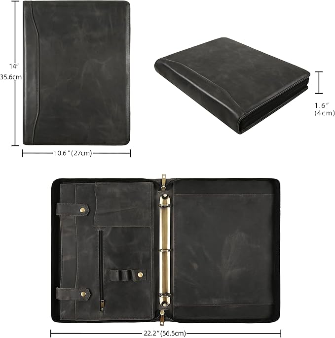 Portfolio Binder 3 Ring, Leather Binder Portfolio Folder for Left-Handed, Zippered Portfolio Padfolio Binder for Women, Leather Portfolio Organizer for Men (Grey, Custom)