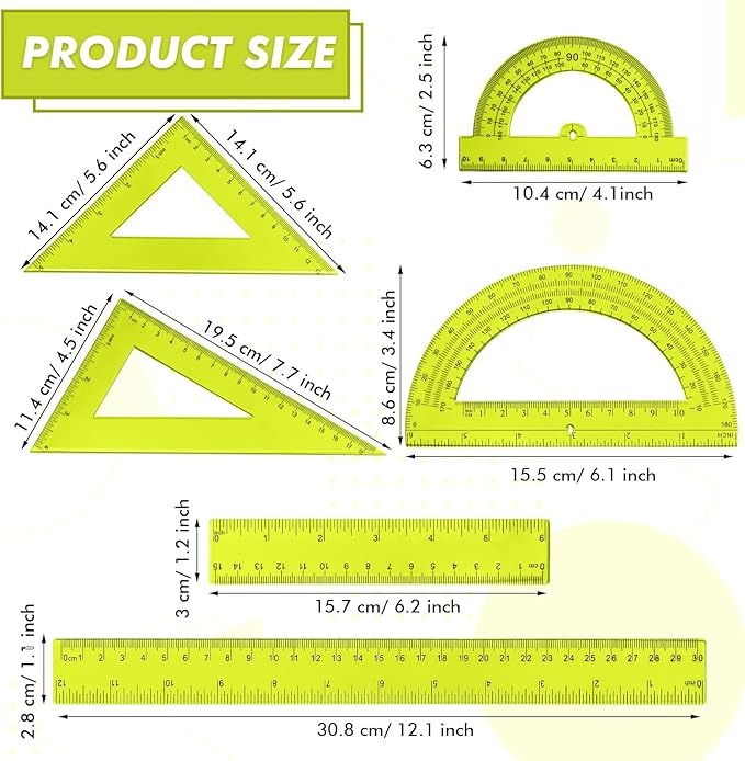 Tenare 6 Pcs Plastic Ruler Math Set Includes 12 Inch 6 Inch Straight Ruler Protractor Triangle Rulers Geometry Transparent Math Ruler Measuring Tools for School Office Home(Yellow)