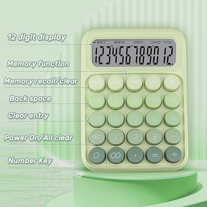 Mechanical Switch Calculator with Big Buttons, 12 Digits, Large LCD Display, Cute Pink Desktop Calculator, Aesthetic School Supplies for Office, School, Home & Business Use, Automatic Sleep (Green)