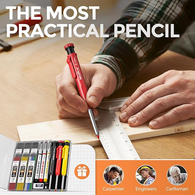 Nicpro 3 Pack CP1000 Carpenter Pencil with Sharpener, Mechanical Carpenter Pencils with 39 Refills, Deep Hole Long Nib Marker Pens for Construction, Heavy Duty Woodworking Pencil for Architect Marking