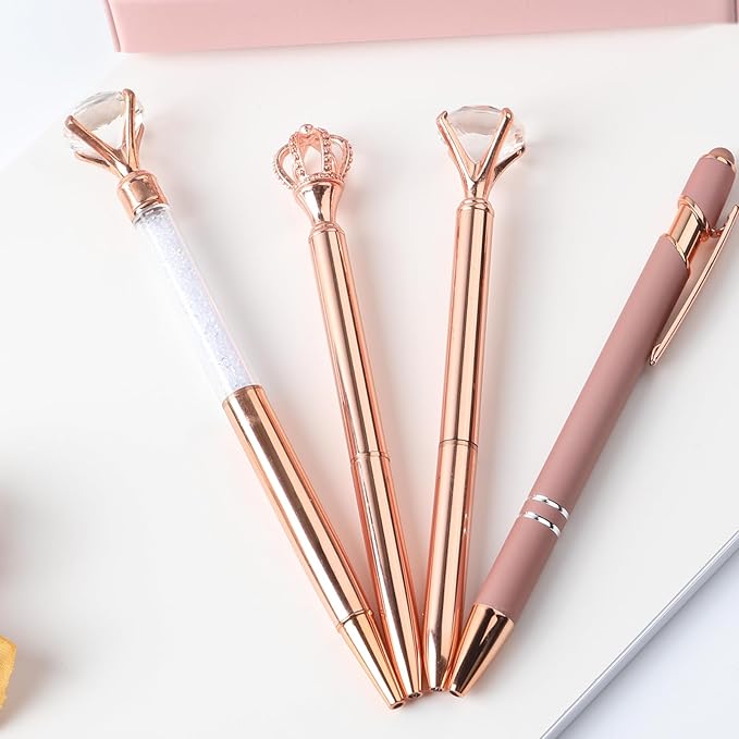 amassan 4Pcs Ballpoint Pens Set, Cute Pens with Crystal Diamond for Journaling, Black Ink Pen Gifts for Wedding Office Desk Supplies, Sand Glitter Pen for Women Office Decor