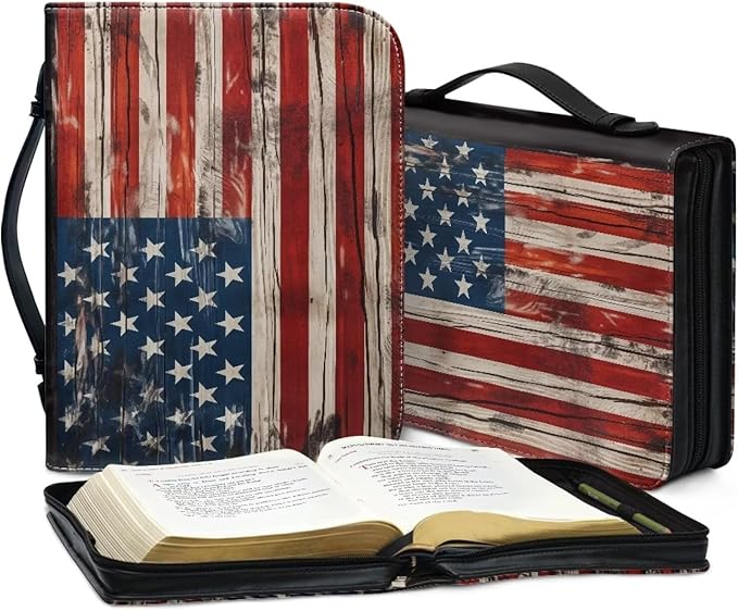 Lotusorchid American Flag Print Bible Case for Men, Zippered PU Bible Book Cover with Handle Pocket Portable Bible Cover Case Bible Cover Carrier Carrying Organizer Bag for Women, M