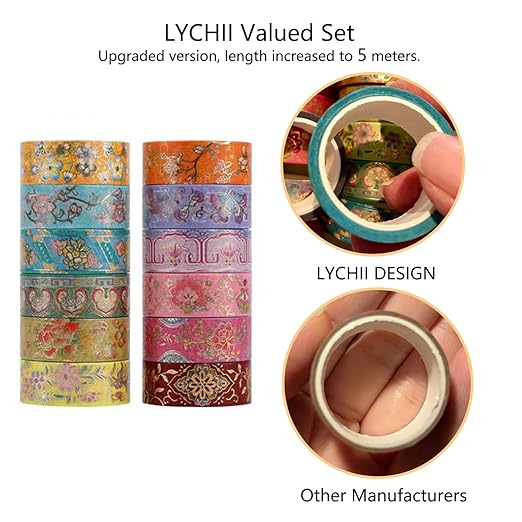 Lychii Washi Tape Set, 12 Rolls Vintage Masking Tape, Gold Foil Decorative Tape, 5M/16.4Ft Long Glitting Oriental Aesthetic Journaling Supplies for Planner, Bujo, Artistic Projects - 15mm