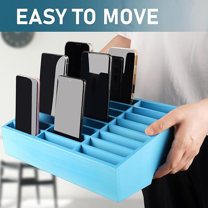 Wooden 24-Grid Cell Phones Storage Box Desktop Mobile Phone Holder Organizer for Office School Classroom (24-Grid Blue)