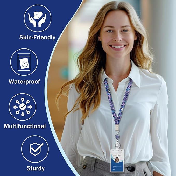 Giancomics Lanyards for Id Badges, Floral Lanyards with Retractable Reel, Waterproof ID Badge Holder for Cruise Ships Cards Key, Work Name Tag Zip Type Card Protector for Women 2 Pack