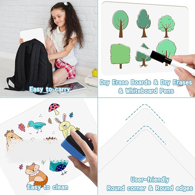 Set of 12 Small White Board Dry Erase Boards Classroom Pack 9" x12” Double Sided Personal Whiteboards for Students Teachers School Supplies Lapboards Mini Whiteboard Erasers Incl and Colors Pens