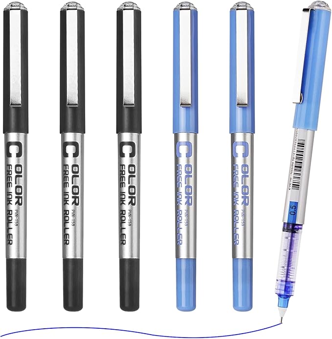 EYEYE Rollerball Pens Extra Fine Point Quick Dry, 3 Black 3 Blue 0.5mm Liquid Ink Needle Tip Pen Fine Point Smooth Writing Pens for Journaling, Note Taking, Office, School Supplies