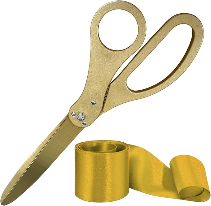 New Edition Grand Opening Ceremony Kit – Heavy Duty 25'' Scissors Gold with Golden Blades and Gold Satin Ribbon for Inauguration Ceremonies & Special Events