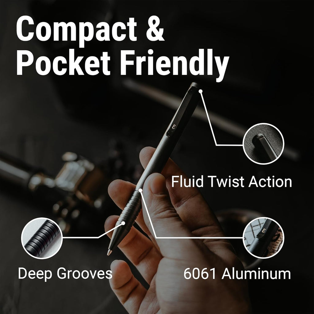 Everyman Grafton Mini Twist Refillable 0.7mm Ball Point Pen Black | Sleek Anodized Aluminum Pocket Pen with Grooved Grip | Smooth Writing EDC Ink Pen for Office, Travel, Work & Gifting