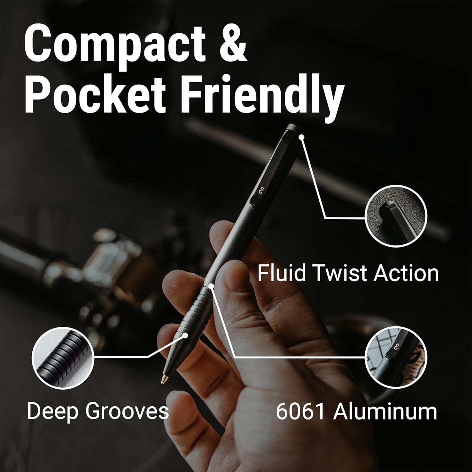 Everyman Grafton Mini Twist Refillable 0.7mm Ball Point Pen Black | Sleek Anodized Aluminum Pocket Pen with Grooved Grip | Smooth Writing EDC Ink Pen for Office, Travel, Work & Gifting