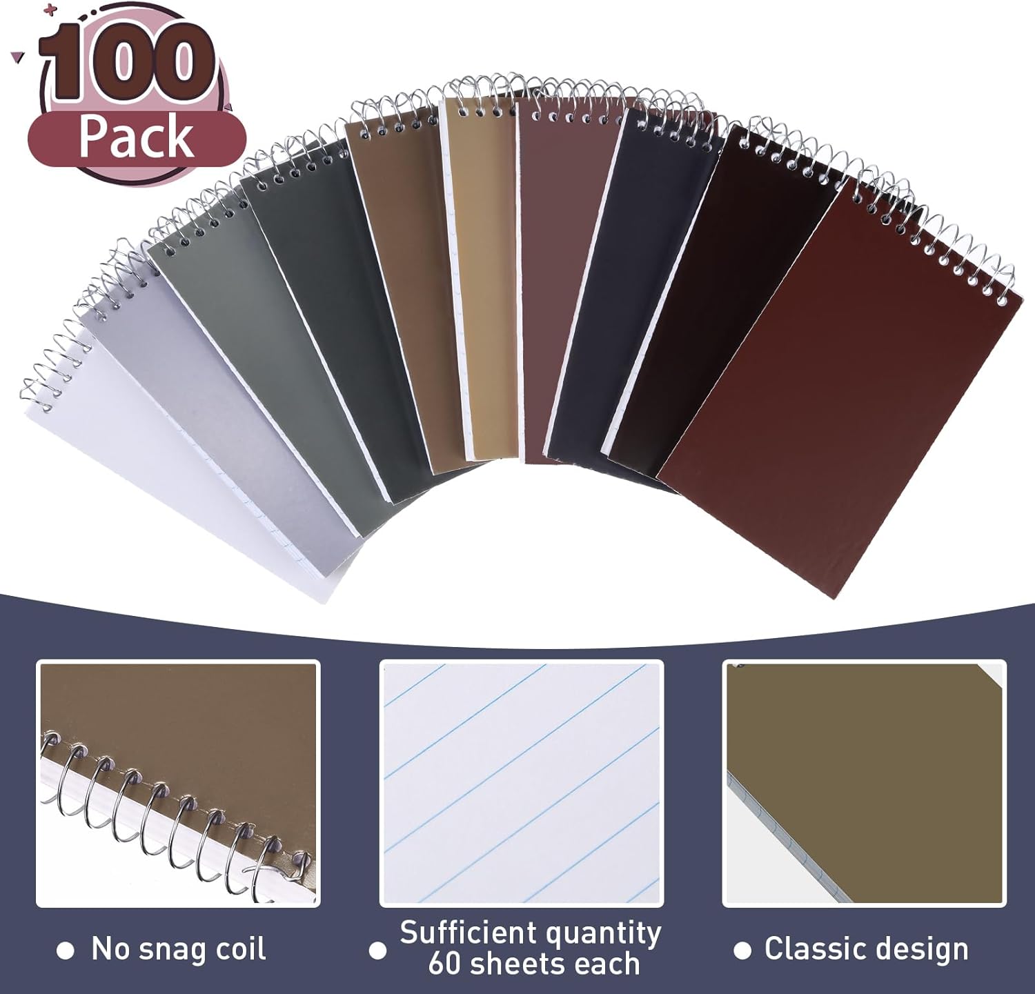 Thenshop 100 Pads Spiral Memo Bulk 3'' x 5'' Top Bound Memo Book 60 Sheets Small Mini Notebooks Lined Wire Bound Pocket Steno Book for Home, Office, School (Multicolored)