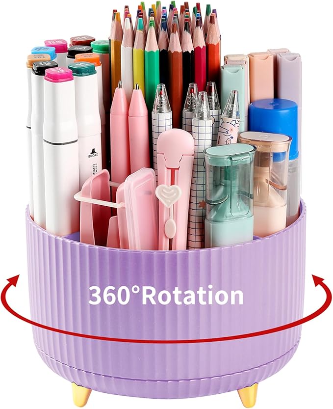 Desk Pencil Pen Holder, 5 Slots 360°Degree Rotating Pencil Pen Organizers for Desk, Desktop Storage Stationery Supplies Organizer, Cute Pencil Cup Pot for Office, School, Home, Art Supply, Purple