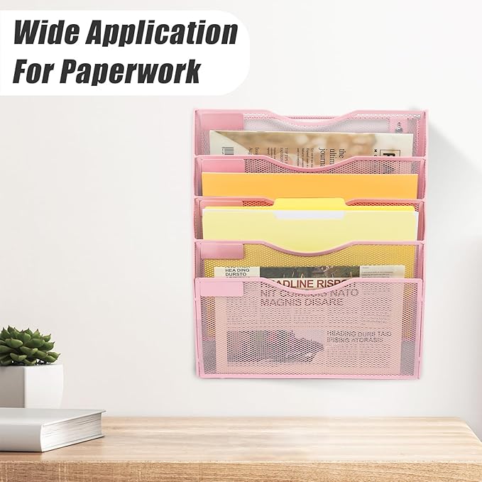 EASEPRES 5 Pocket Mesh Hanging Wall File Organizer, Wall Mounted Mail Paper Document Folder Holder, Clipboard Storage Organization Magazine Rack with Nametag Label for Office Home School, Pink