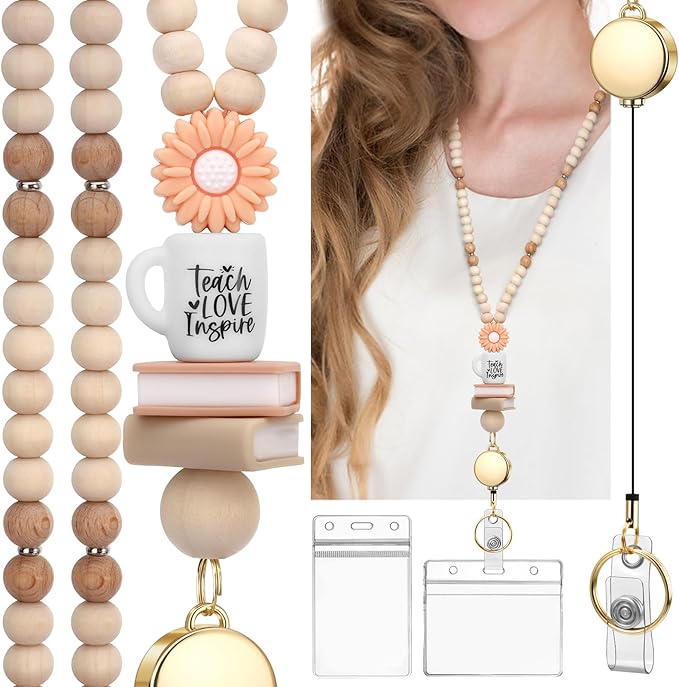 Teacher Lanyard with Id Holder, Retractable Lanyards for Id Badges Keys, Cute Natural Wooden Beaded Lanyard for Women
