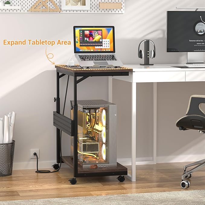 Computer Tower Stand with Power Strips, Height Adjustable PC Tower Stand/Cart with Wheels, Mobile Rolling CPU Holder, Computer Cart Side Stand for Computer Desk, 24", Black Walnut