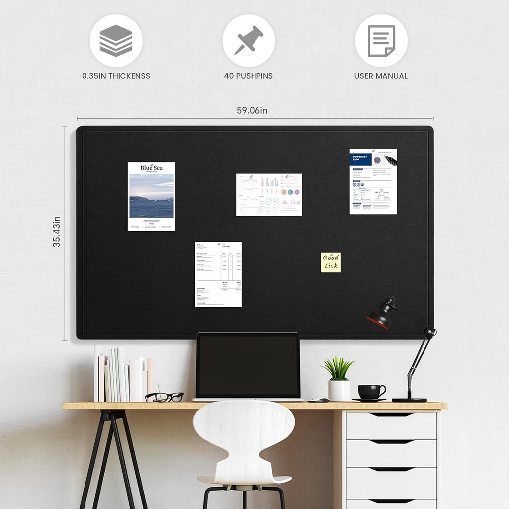 Large Bulletin Board, 60 X 36 Inches Felt Cork Board with 40 Pushpins, Foldable Felt Notice Pin Board Photo Display Board with Self-Adhesive Tape for Office Home School