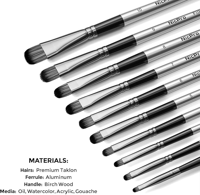 Nicpro 10 PCS Filbert Paint Brushes Art Painting Brush Set for Acrylic Watercolor Oil Gouache Canvas, Craft Detail Face Body Painting, Artist Kit for Kid & Adult