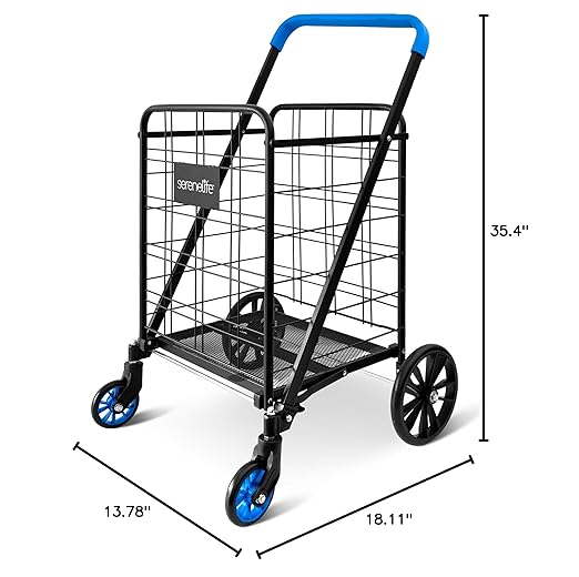 SereneLife Utility Shopping Supermarket Cart, 360 Rolling Swivel Front Wheels, Collapsible Utility Cart, Heavy Duty, Portable, 3.5" D x 19.5" W x 38" H, Large Capacity 110 lbs, Luggage, Laundry, Blue