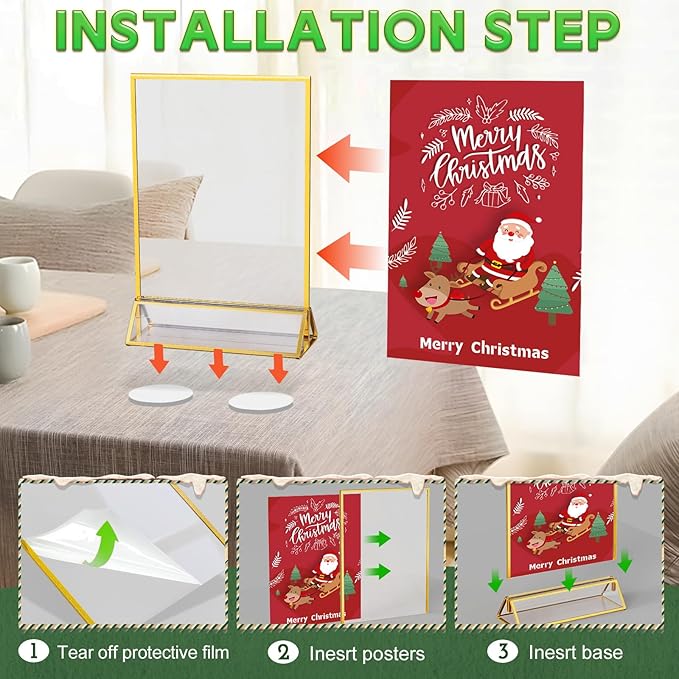 Gold Frames 5X7 Acrylic Sign Holder Double-Sided Tabletop Picture Frames for Menu Holder Wedding Table Number Holder Christmas Photo Frames with Removable Sticky Dots-12 Pack