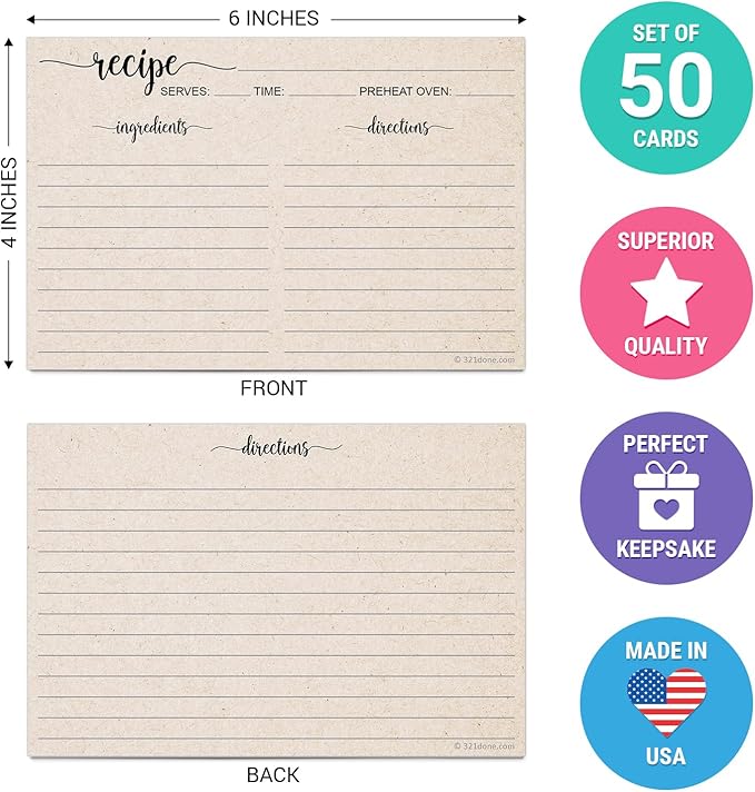 321Done Recipe Cards, Made in USA - 4x6 Tan, Simple Script, Double-Sided Thick Cardstock, Cute Vintage Rustic Kraft Look for Bridal Shower Wedding Housewarming Gift - Pack of 50