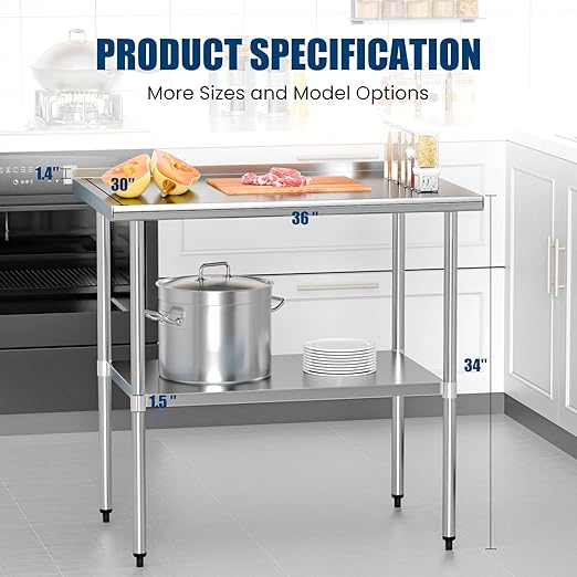 Stainless Steel Table 30 x 36 Inches Metal Prep Table with Backsplash & Adjustable Undershelf, Stainless Table for Commercial Kitchen, Outdoor, Restaurant, Hotel & Garage