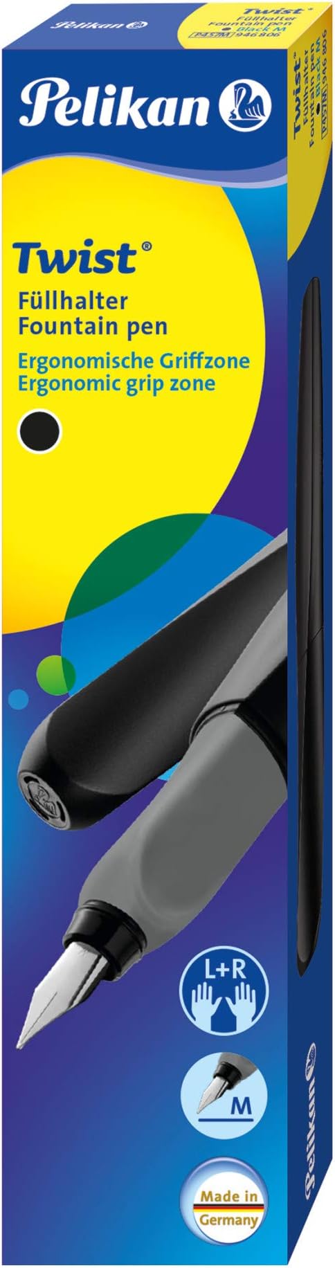 Pelikan Twist Fountain Pen with 1 Ink Cartridge, Medium Nib, Black, Boxed (946806)