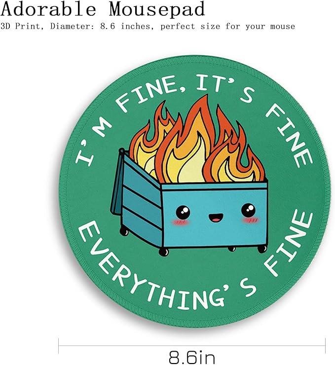 Funny Dumpster on Fire Round Mouse Pads for Desk, Cute Mousepad for Laptop Gaming Women, with Stitched Edge Non-Slip Rubber Base, Funny Green Home Office Decor Desk Accessories Cute Office Supplies