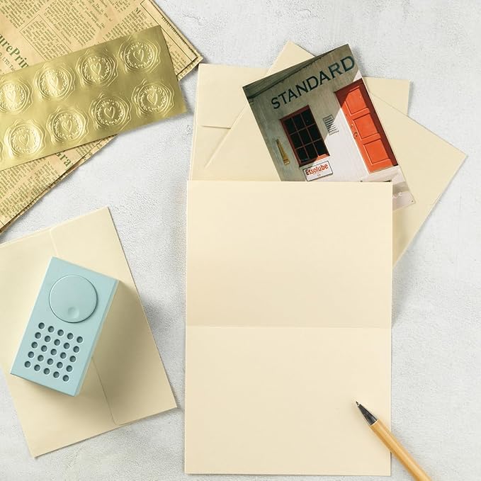 Wishop 50 Pack Shiny Self-Adhesive Envelopes with Shiny Fold Cards for Wedding Invitations, Greeting Cards, Baby Shower, Letter Mailing (Cream Color, 5x7)