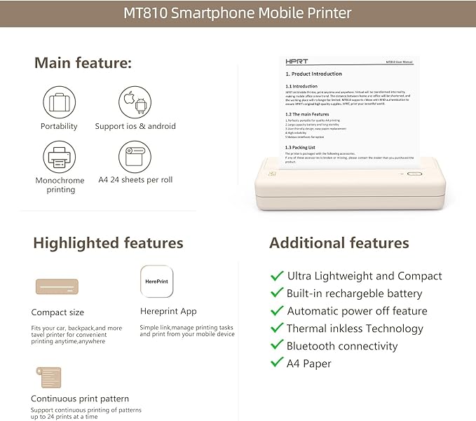 HPRT Portable Printers Wireless for Travel - MT810 Bluetooth Thermal Inkless Compact Printer, Paper Rolls Mobile Printing for Vehicles Office, Compatible with iPhone Android & Laptop