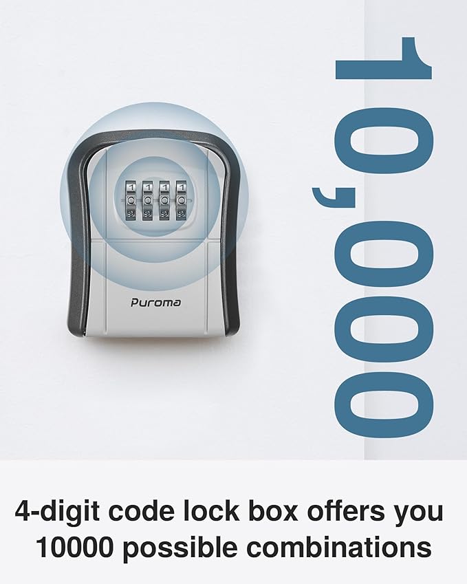Puroma Key Lock Box Combination Lockbox Wall-Mounted Key Storage Box for House Keys, Resettable Code Safe Security Lock Box for Home, Office, Garage, Apartment Spare Key Storage (1 Pack, Grey)