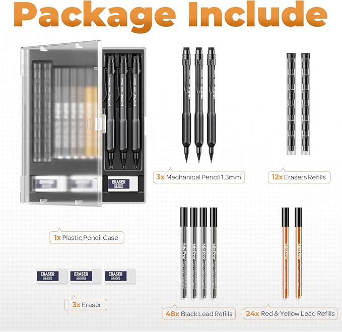 Nicpro 3 PCS 1.3 mm Mechanical Pencil Set with 72 PCS Lead Refill,3 Erasers-HD1000 Carpenter Pencils, Weatherproof Metal Heavy Duty Construction Pencil for Outdoor Marking Drafting Drawing Woodworking