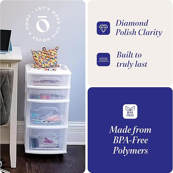HOMZ 4-Drawer Plastic Storage Cart Organizer with Removable Wheels, White Frame