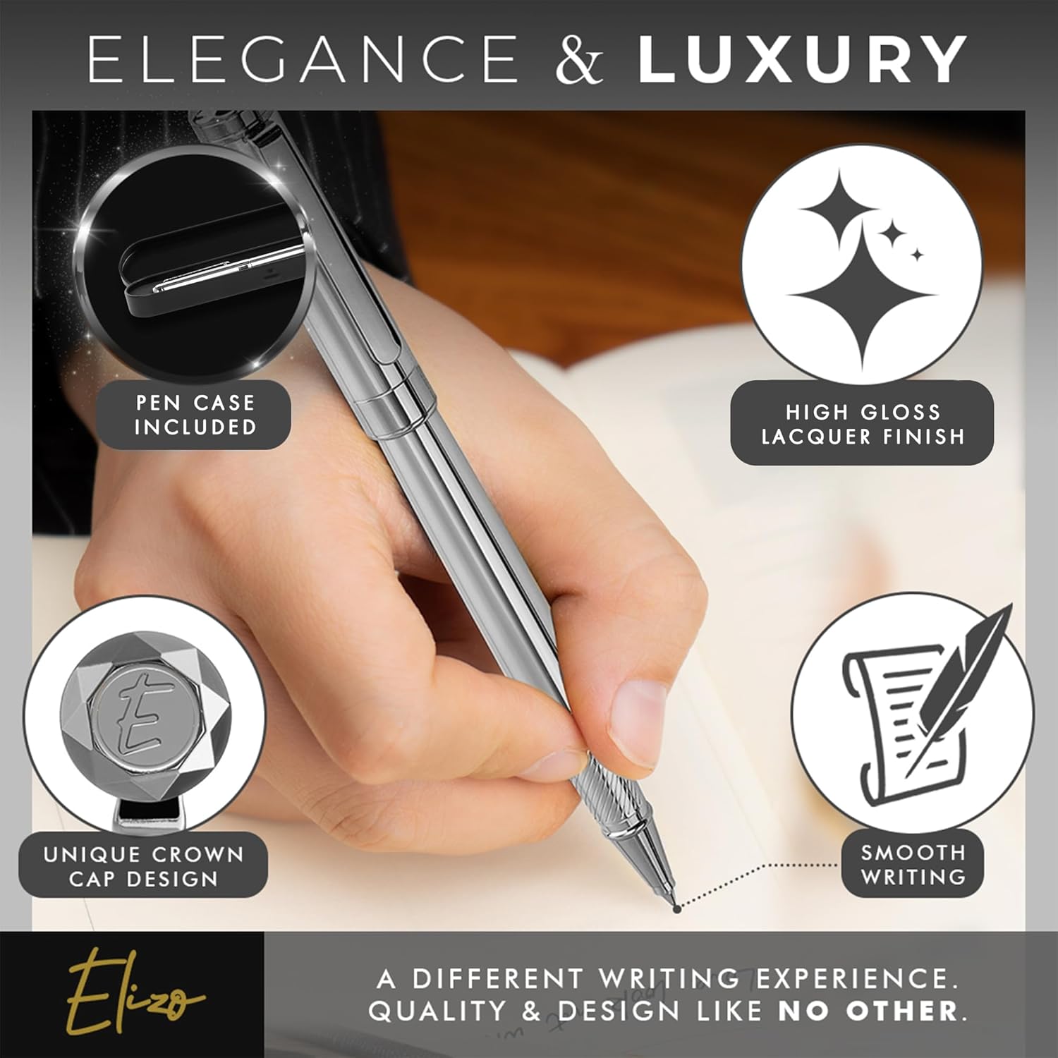 ELIZO Luxury Pen Fancy Chrome Silver Nice Gift Rollerball Cool Pens Best Schmidt Ink EDC Pen Executive Smooth Writing Pens for Men Women