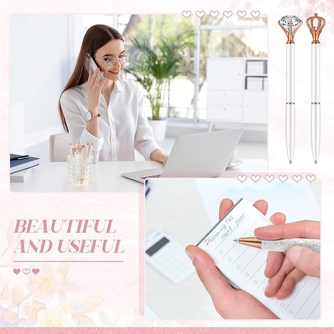 6 Pcs Ballpoint Pens Set Metal Crystal Diamond Pen for Journaling Glitter Pretty Cute Stationery Black Ink Fancy Gifts for Women Girls Teacher Office Wedding School Supplies(White)