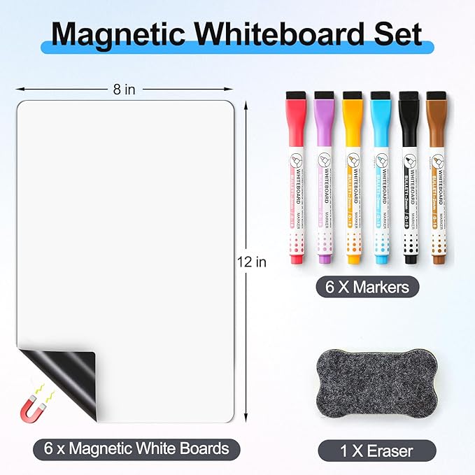 6 Pack Magnetic Dry Erase Board Sheet for Fridge, 12"x8" Erasable Refrigerator WhiteBoard w/ 6 Markers & 1 Eraser- Smooth and Flexible Small Magnet Blank Notepad for Home Kitchen Organizer and Planner