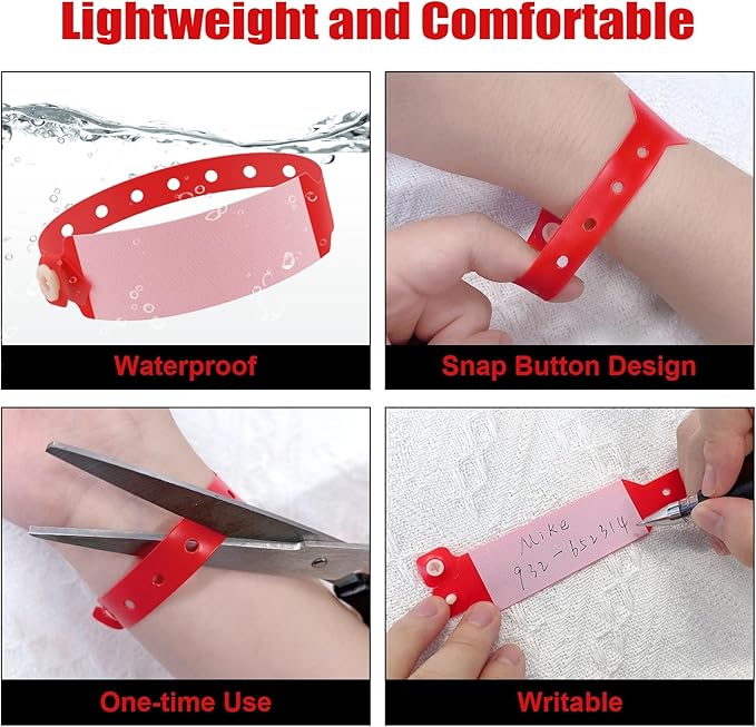 100pcs Vinyl Wristbands Hospital Identification Bands,Waterproof Adjustable Medical Wristband,Disposable Snap Wristband for Hospital (Color : Red)