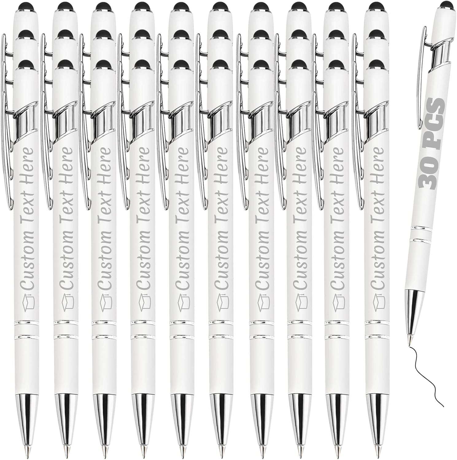 Personalized Pens Bulk 30 with Name Custom Engraving Ballpoint Pens with Stylus Tip Customized Smooth Writing Pens Personalized Gifts for Anniversary Birthday or Graduation(White,Black Ink)