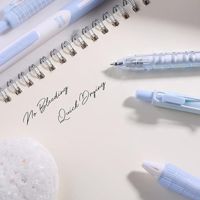 5 Count Pastel Gel Ink Pen Set,Cute Note Taking 0.5mm Fine Point Retractable 5 Count Black Ink Pens for Writing, Journaling, School, Office (Light Blue Clear)